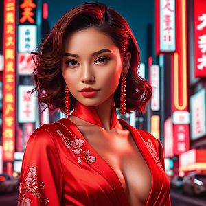 Confident Woman in Red Dress Against City Lights
