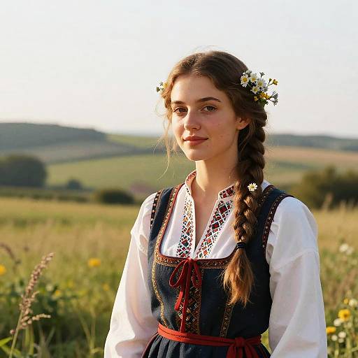 Young Woman in Traditional Embroidered Folk Dress with Wildflowers in Hair Outdoors