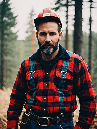 Man in Lumberjack Costume Waist Up Editorial Portrait Photorealistic
