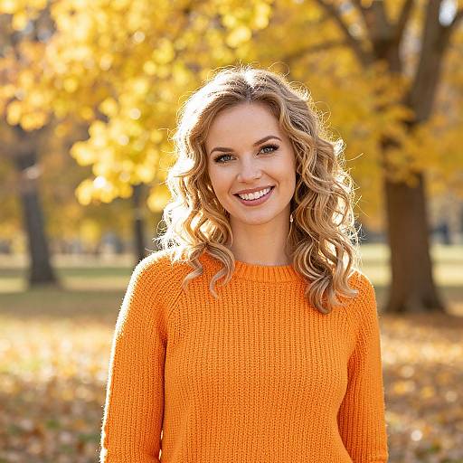 Smiling Woman in Orange Sweater Among Autumn Leaves