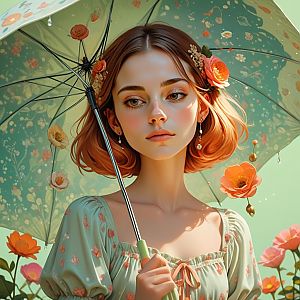Young Woman with Floral Umbrella in Blooming Garden