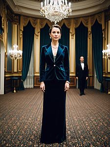 Elegant Woman in Velvet Suit in Luxurious Ballroom with Man in Background