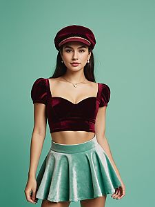 Stylish Young Woman in Burgundy Velvet Crop Top and Teal Skirt Fashion Portrait