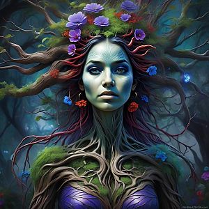 Woman Intertwined with Nature in Enchanted Forest
