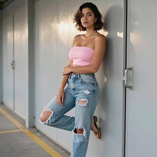 Gen Z Fashion Woman in Pink Tube Top and Ripped Jeans Casual Style