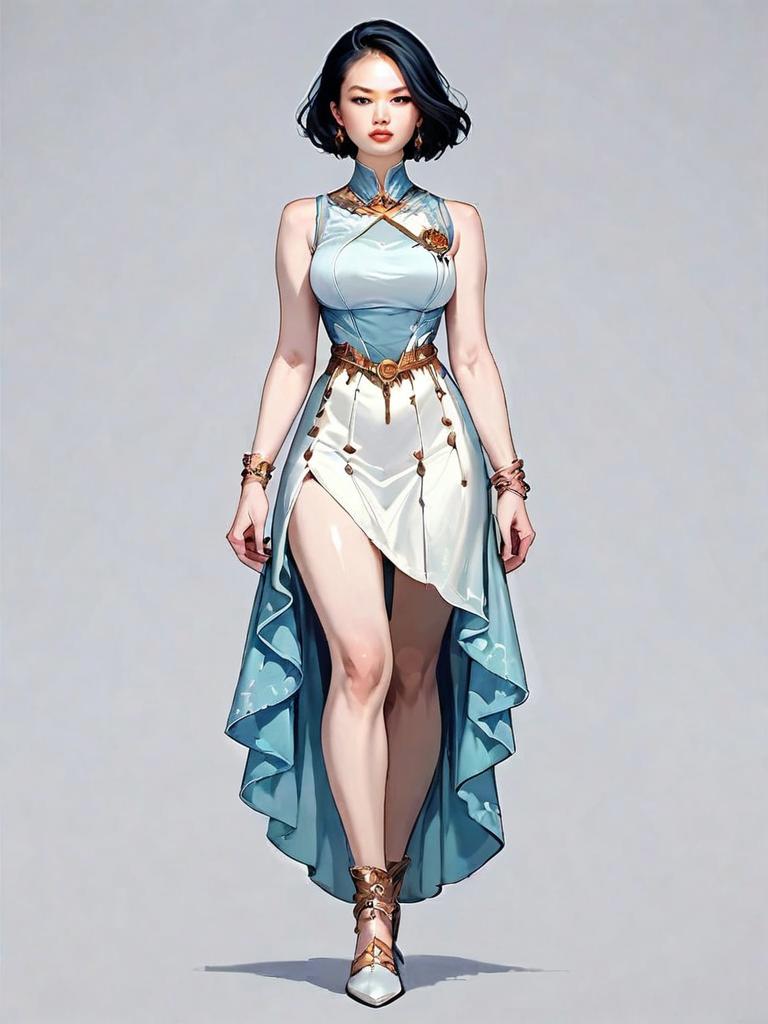 Realistic Digital Illustration of Woman in Modern Cheongsam Dress Full Body Portrait