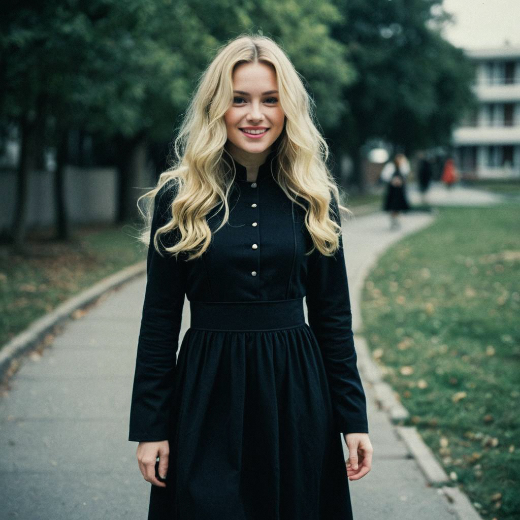 Young Woman in Vintage Black Dress Outdoors