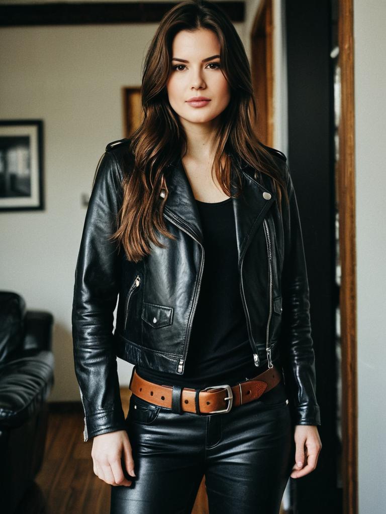 Woman in Black Leather Biker Jacket and Flare Pants Outfit