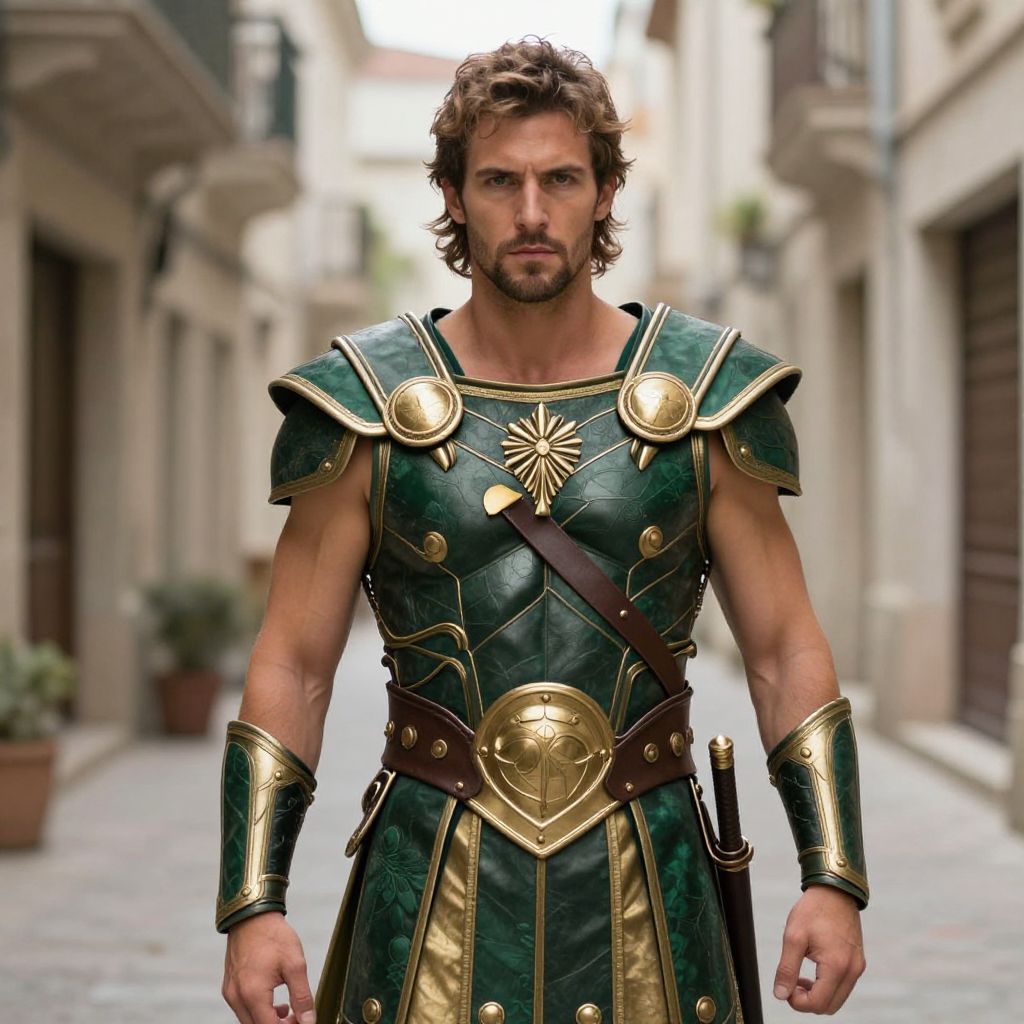 Medieval Fantasy Warrior Man in Green and Gold Armor