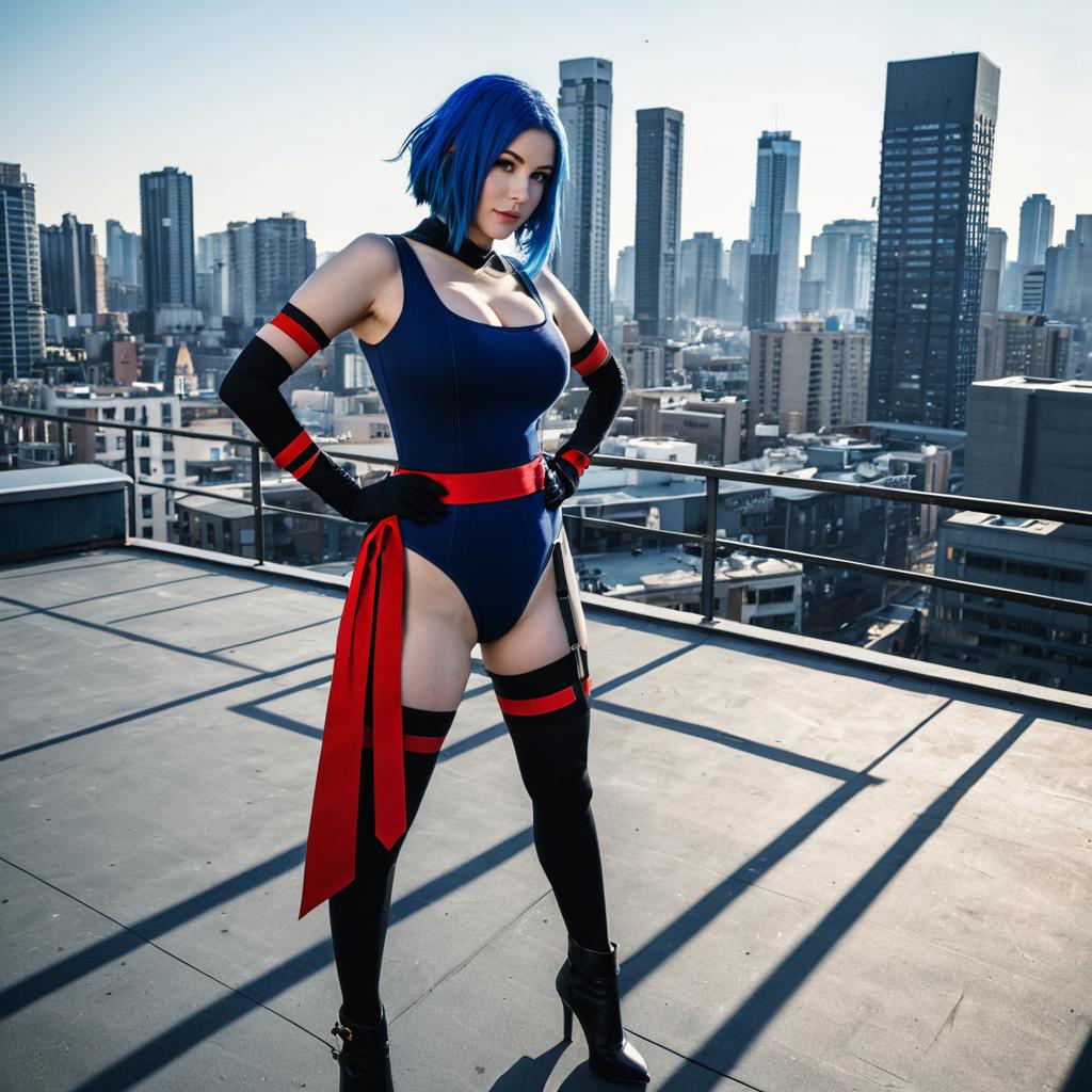 Cosplay Woman with Blue Hair in Stylish Bodysuit on Urban Rooftop