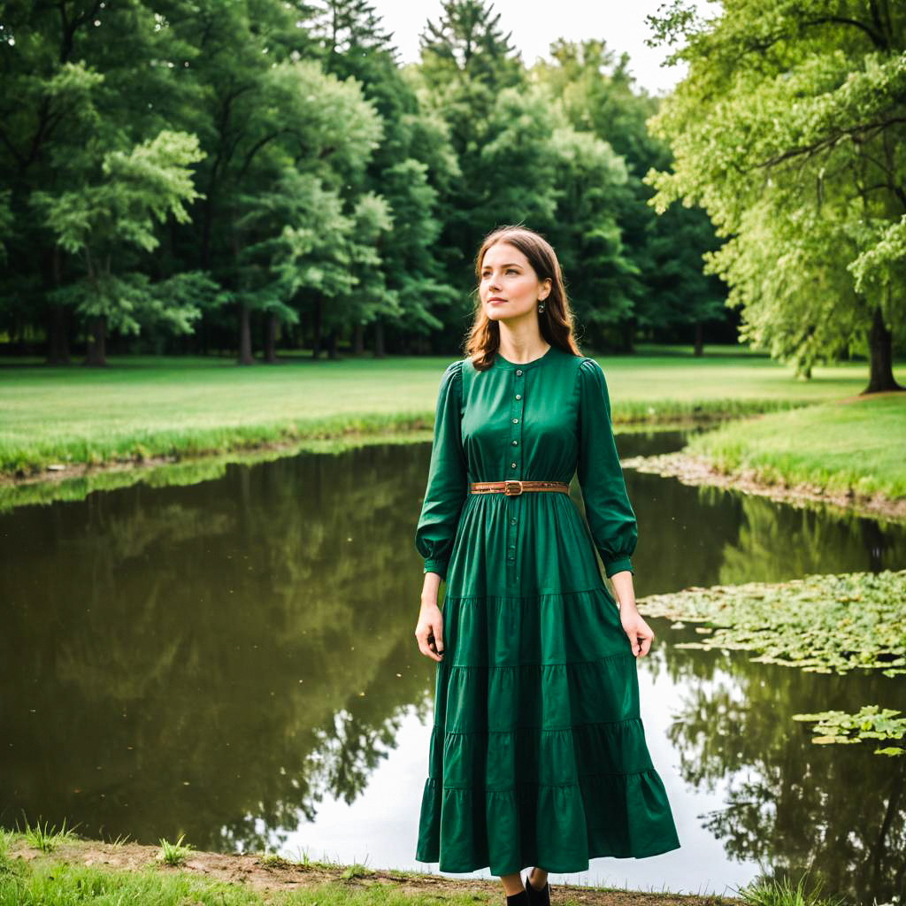 Woman in Green Dress by Tranquil Pond