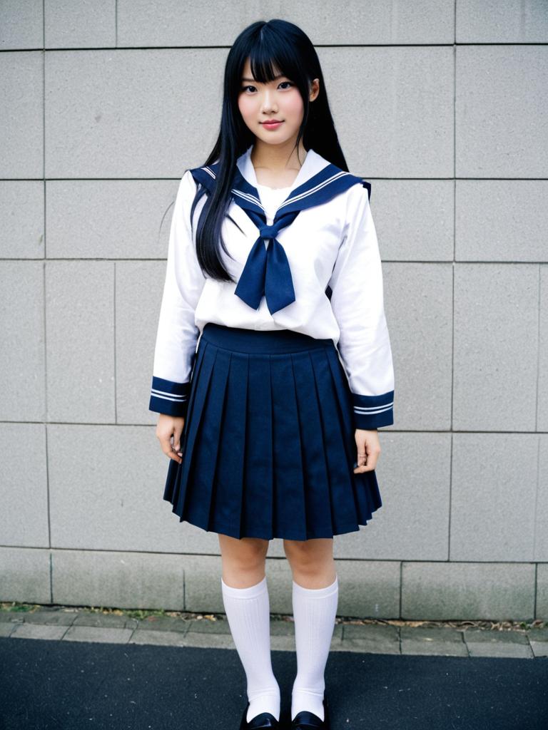 Young Woman in Traditional Japanese School Uniform Navy Blue Seifuku