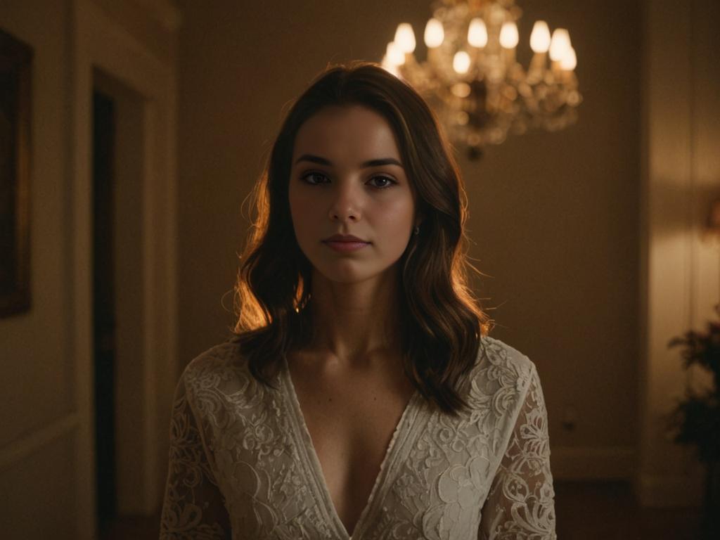 Elegant Woman in Lace Attire Under Chandelier