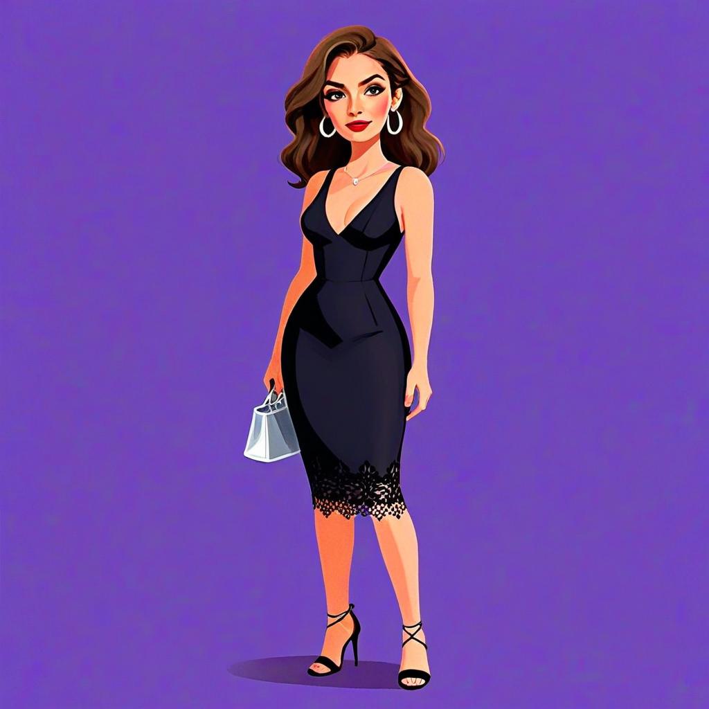 Woman in Sleek Black Bodycon Dress with Lace and Accessories Illustration