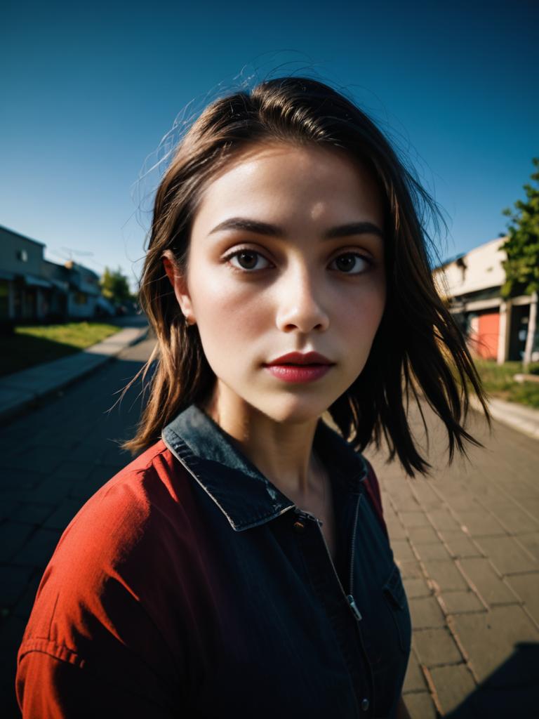 Young Woman in Stylish Jacket on Sunlit Urban Street