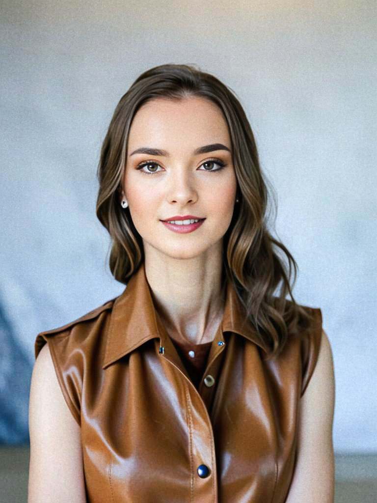 Confident Young Woman in Brown Leather Vest Confident Young Woman in Brown Leather Vest