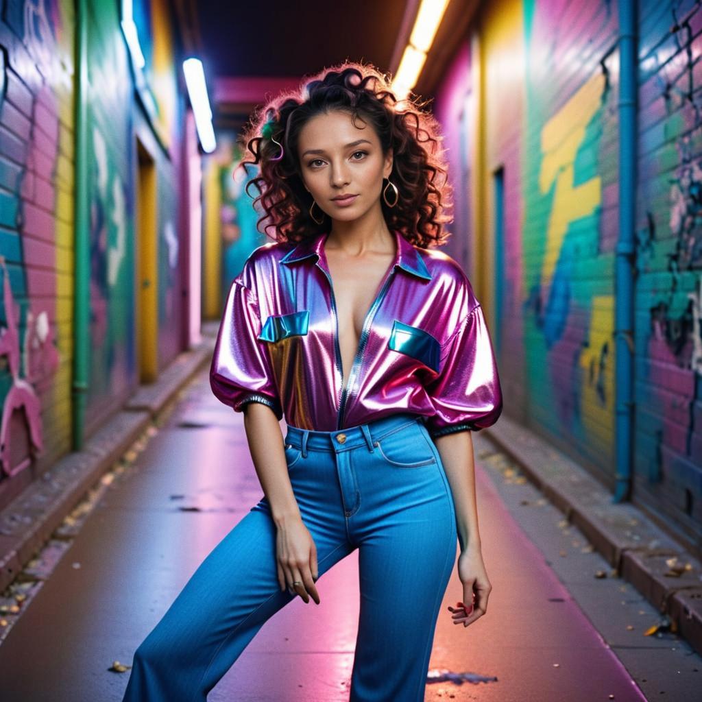 Confident Woman in Stylish Outfit Against Graffiti Alley