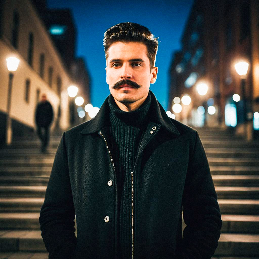 Stylish man with mustache in urban night Stylish man with mustache in urban night