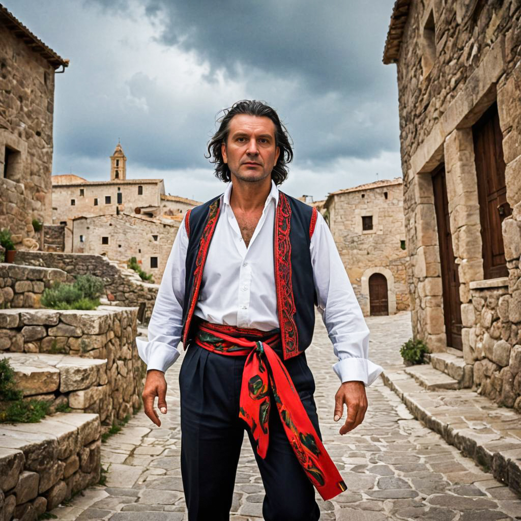 Portrait of Man in Traditional Attire in Stone Village