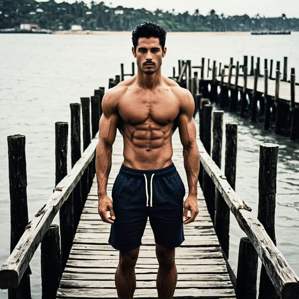 Muscular man on pier with moody sky