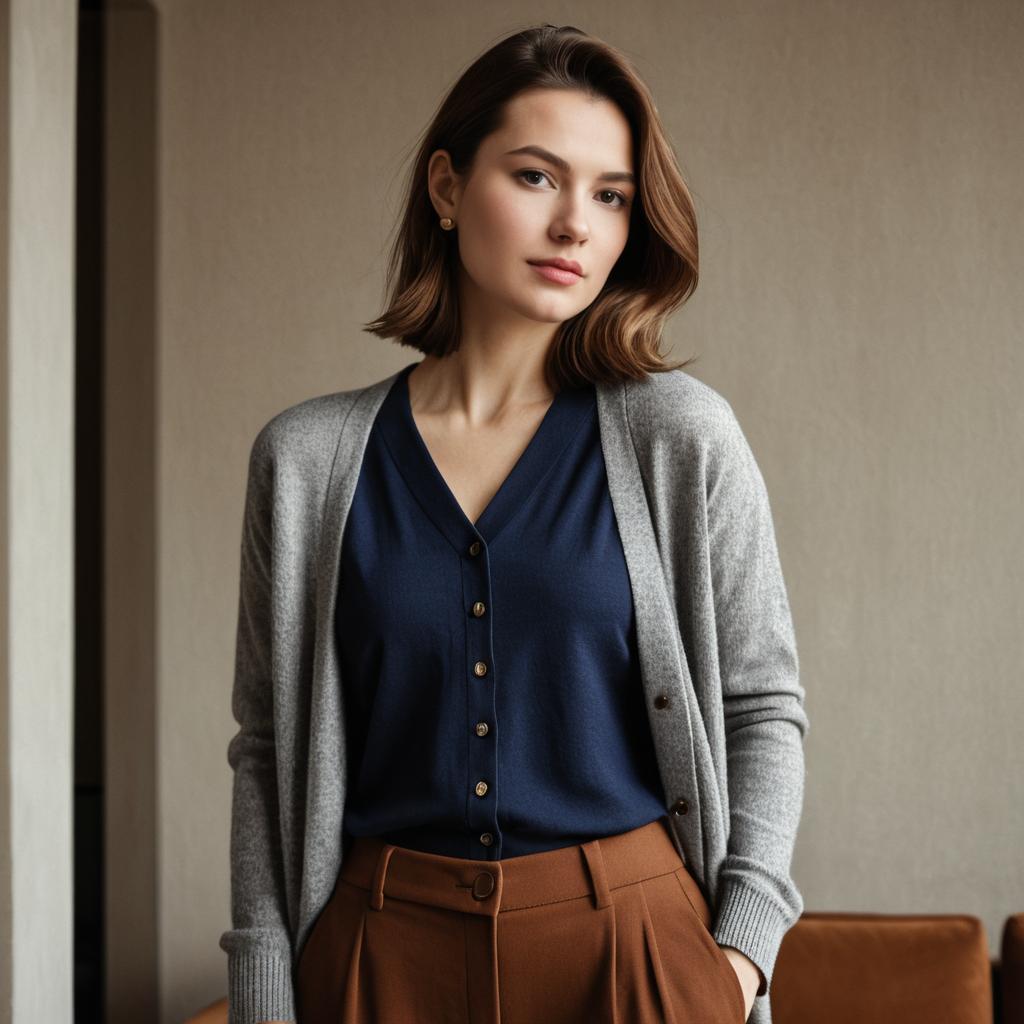Stylish Young Woman in Casual Elegant Outfit Indoors