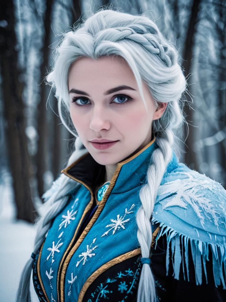 Woman in Frozen-themed Costume with Snowy Background Woman in Frozen-themed Costume with Snowy Background