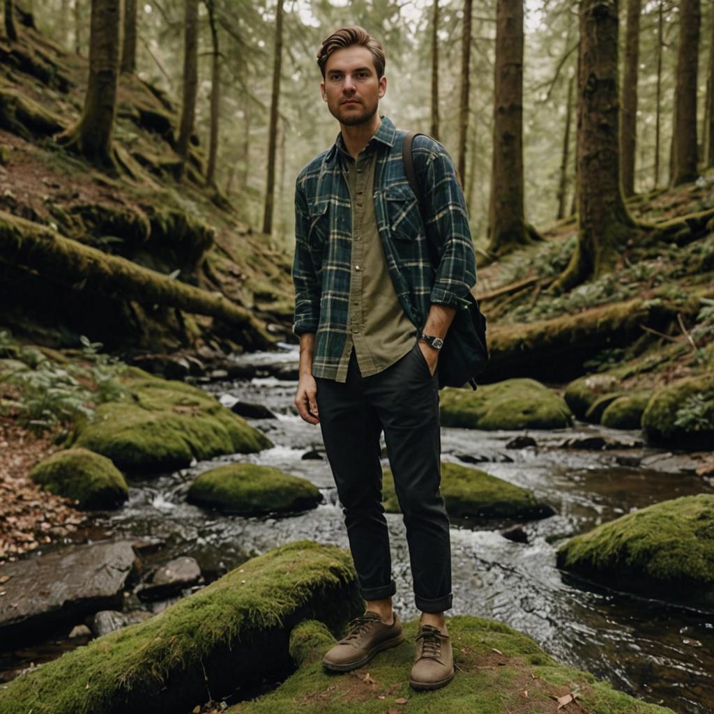 Confident Man on Mossy Rock in Forest Stream