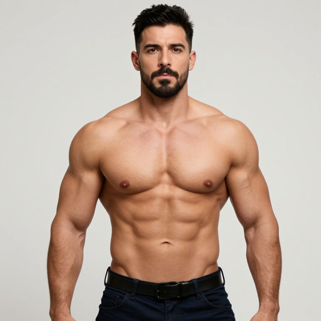 Muscular Shirtless Man with Trimmed Beard and Defined Physique