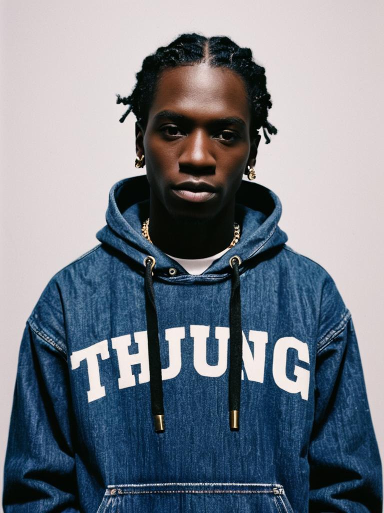 Man Wearing Denim THJUNG Hoodie in Urban Streetwear Style
