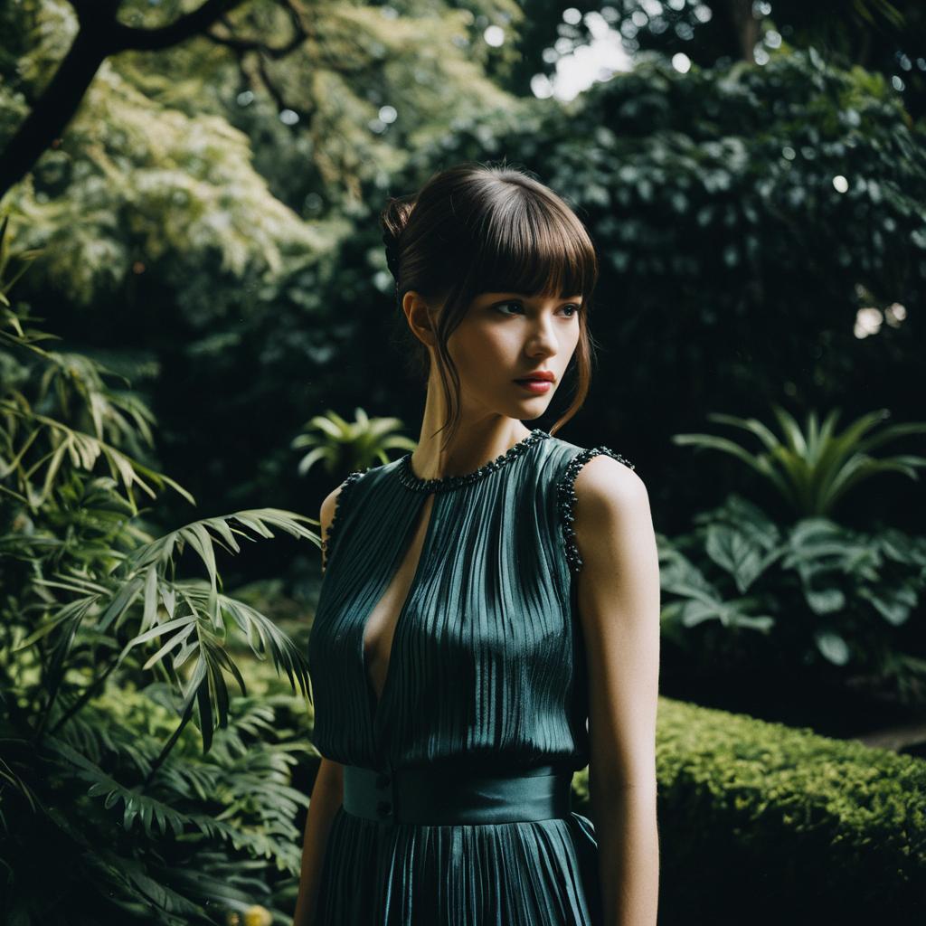 Elegant Woman in Dark Green Pleated Dress in Lush Garden