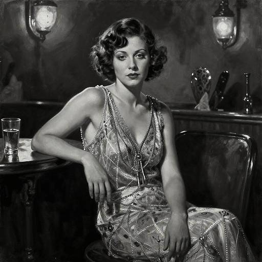 Vintage 1920s Flapper Woman in Elegant Dress at Speakeasy Bar