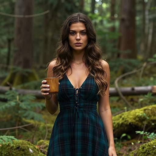 Young Woman in Dark Green Plaid Dress Holding Wooden Cup in Forest