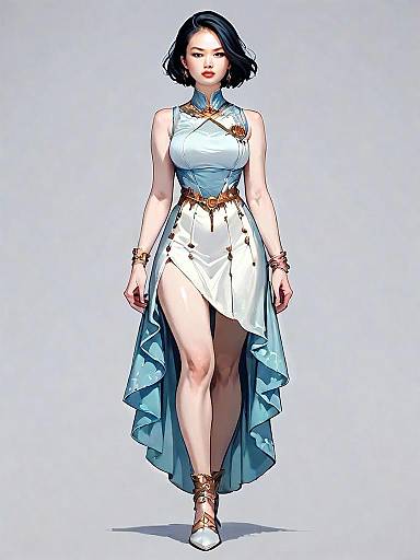 Realistic Digital Illustration of Woman in Modern Cheongsam Dress Full Body Portrait