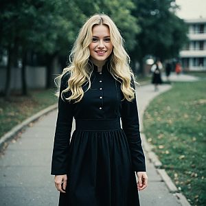 Young Woman in Vintage Black Dress Outdoors