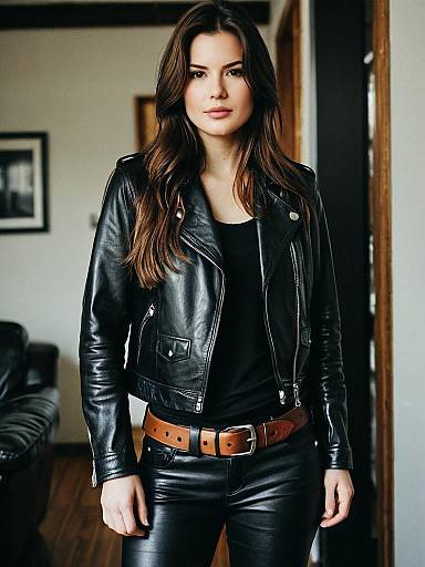 Woman in Black Leather Biker Jacket and Flare Pants Outfit