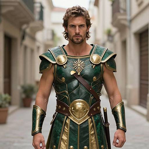 Medieval Fantasy Warrior Man in Green and Gold Armor