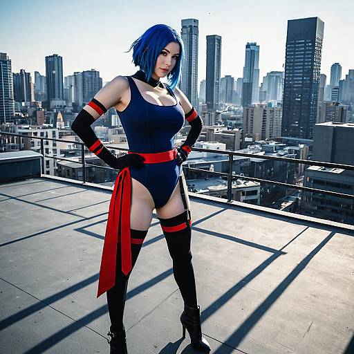 Cosplay Woman with Blue Hair in Stylish Bodysuit on Urban Rooftop