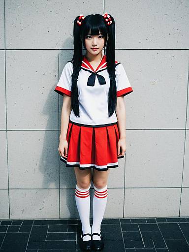Japanese Schoolgirl Cosplay in Red and White Uniform with Twin Tail Hairstyle