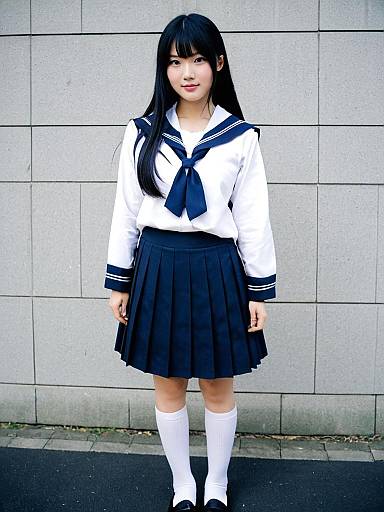 Young Woman in Traditional Japanese School Uniform Navy Blue Seifuku