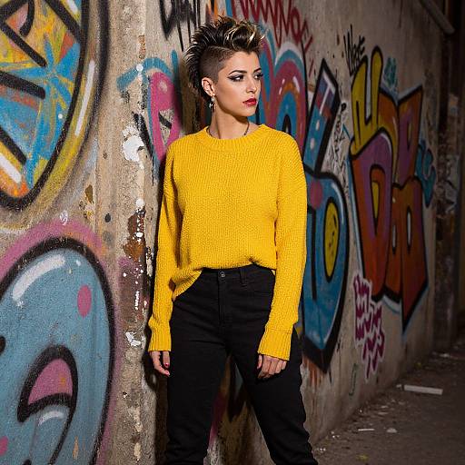 Woman with Mohawk Hairstyle Wearing Yellow Sweater Against Graffiti Wall