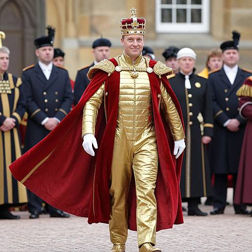 Man in Gold Regal Suit and Red Velvet Cape with Crown at Ceremony