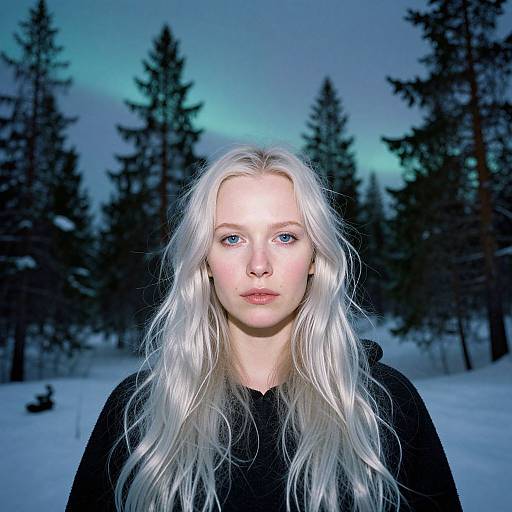 Portrait of Woman with Platinum Blonde Hair in Snowy Forest Under Northern Lights