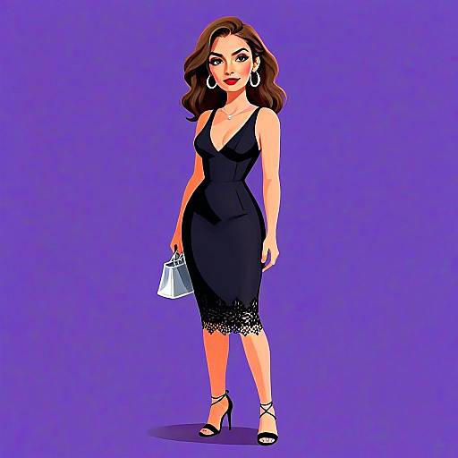Woman in Sleek Black Bodycon Dress with Lace and Accessories Illustration