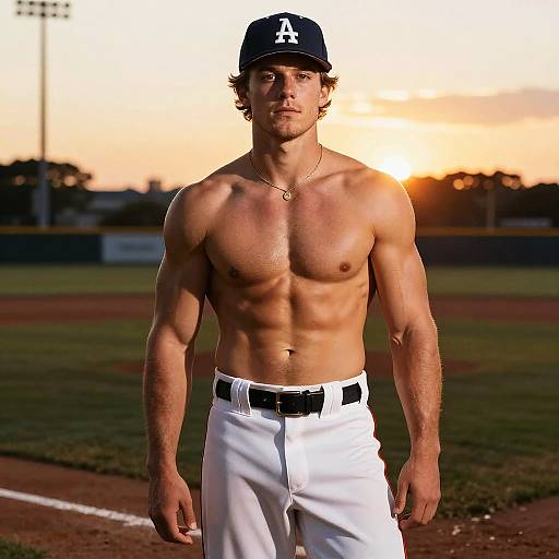 Shirtless Athletic Young Man on Baseball Field at Sunset