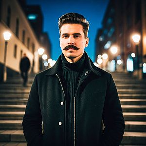 Stylish man with mustache in urban night