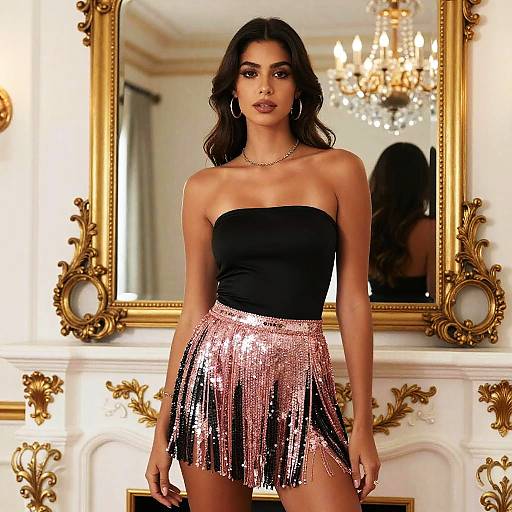 Glamorous Woman Wearing Black Strapless Top and Pink Sequin Fringe Skirt in Elegant Room