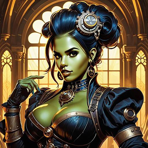 Steampunk Woman with Green Skin in Gothic Setting