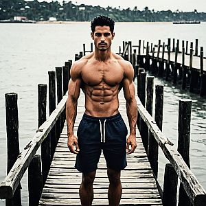 Muscular man on pier with moody sky