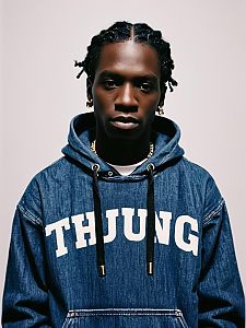 Man Wearing Denim THJUNG Hoodie in Urban Streetwear Style