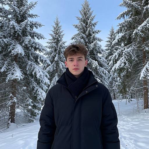 Young Man in Winter Jacket Standing in Snowy Forest